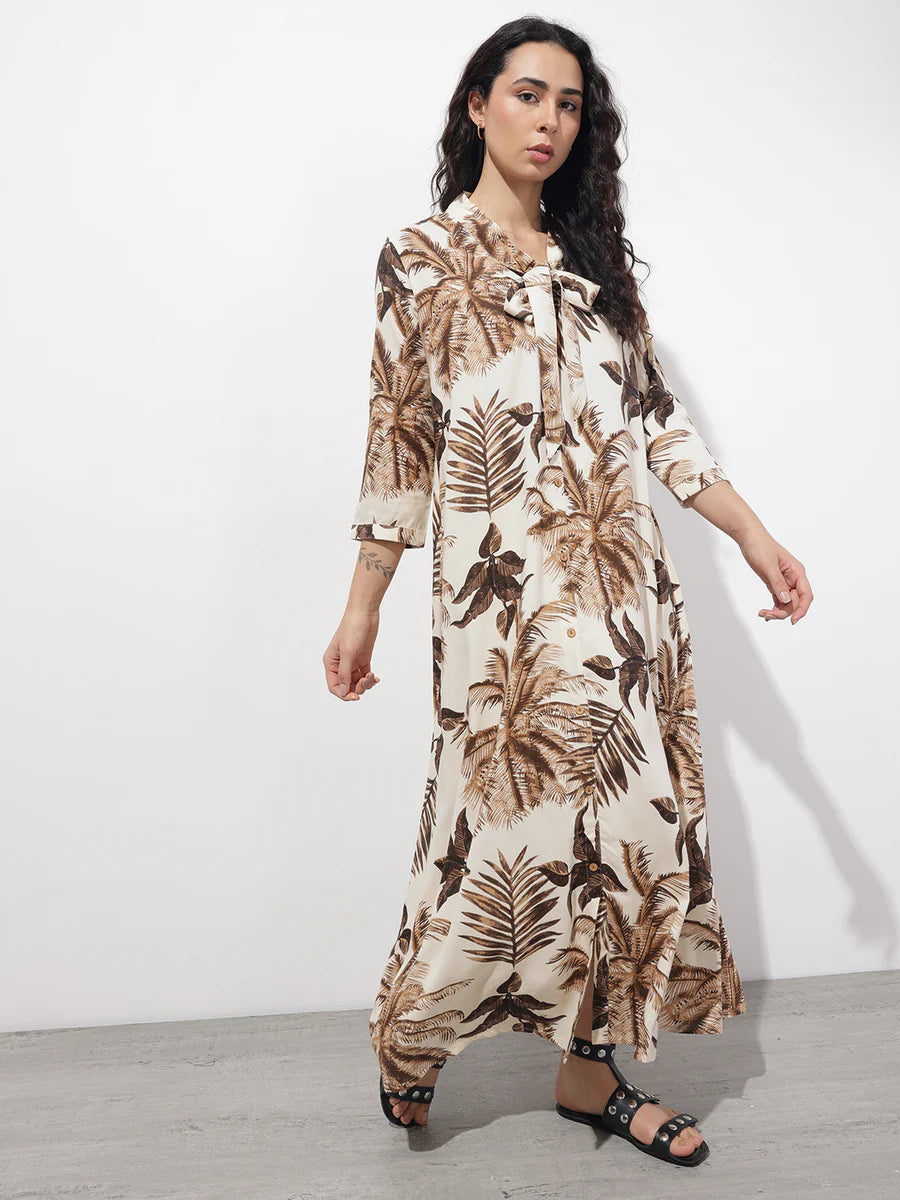 Noe Velarro Cream Tie up Neck Rayon Maxi Dress