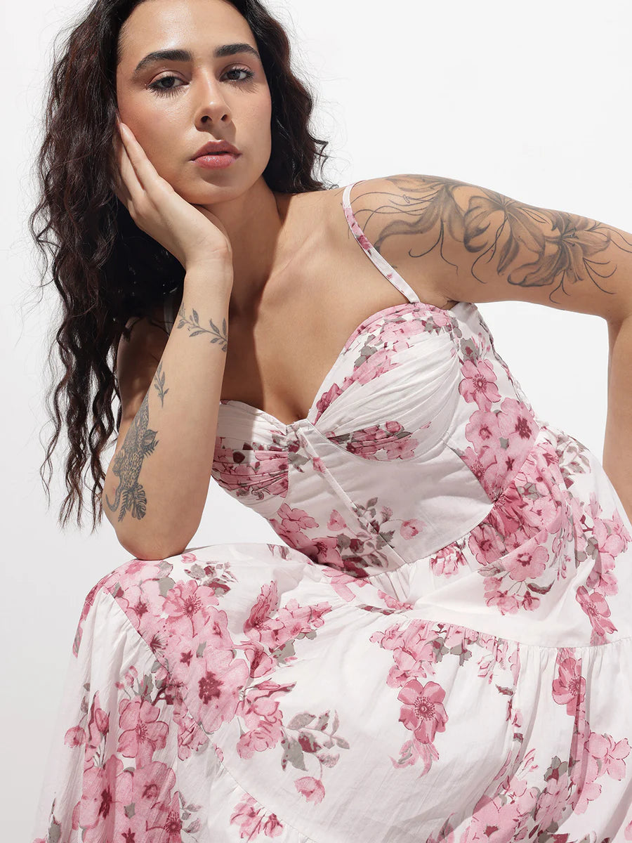 Noe Velarro White Floral Shoulder strap Cotton Dress