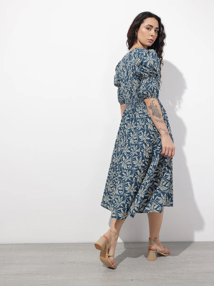 Noe Velarro Blue V-Neck Midi Cotton Dress