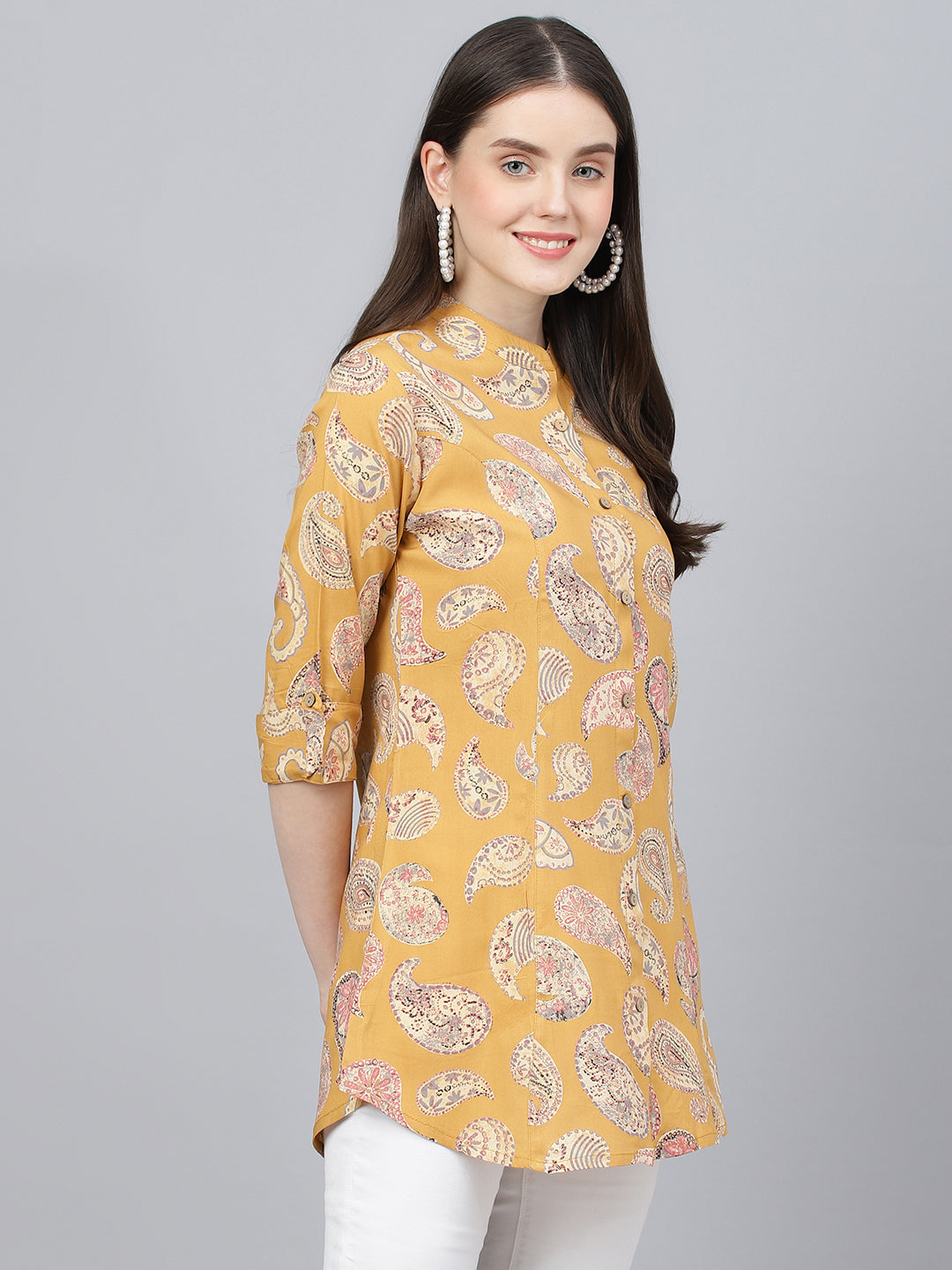 Noe Velarro Mastard Yellow Print Mandarin Collar Roll-Up Sleeves Shirt Style Top