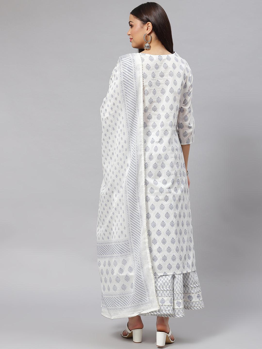 Divena White Floral Straight Kurta Palazoo Set with Dupatta - divena world