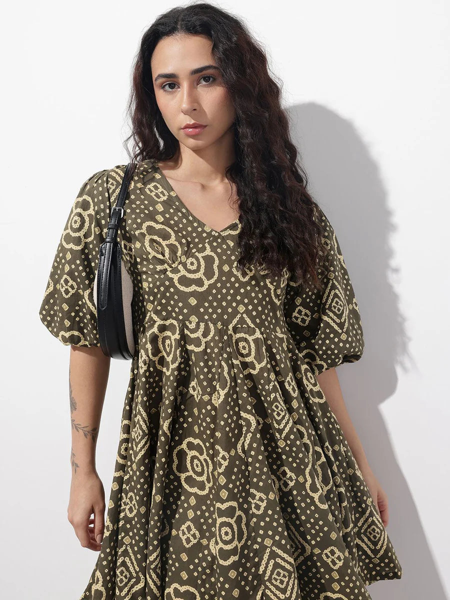 Noe Velarro Brown V-Neck Short Bell Sleeves Mini Cotton Dress