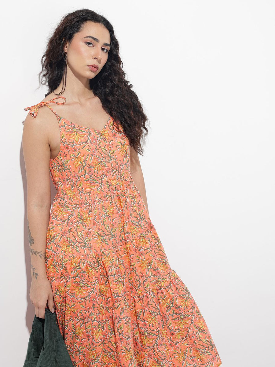 Noe Velarro Orange Shoulder Strapes Fit & Flared Cotton Dress