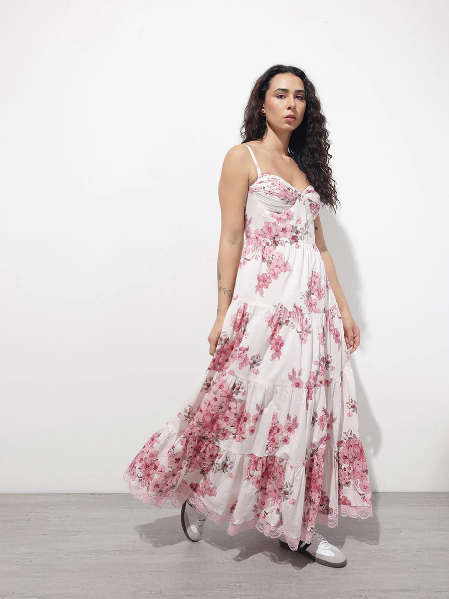 Noe Velarro White Floral Shoulder strap Cotton Dress