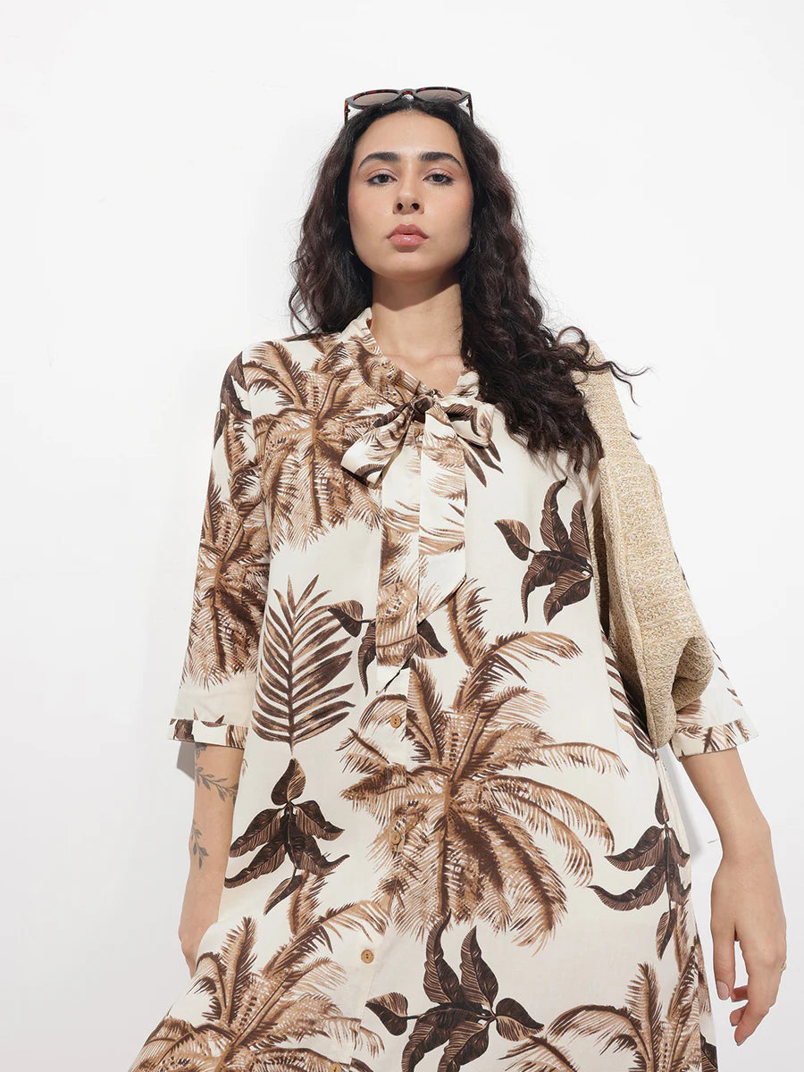 Noe Velarro Cream Tie up Neck Rayon Maxi Dress