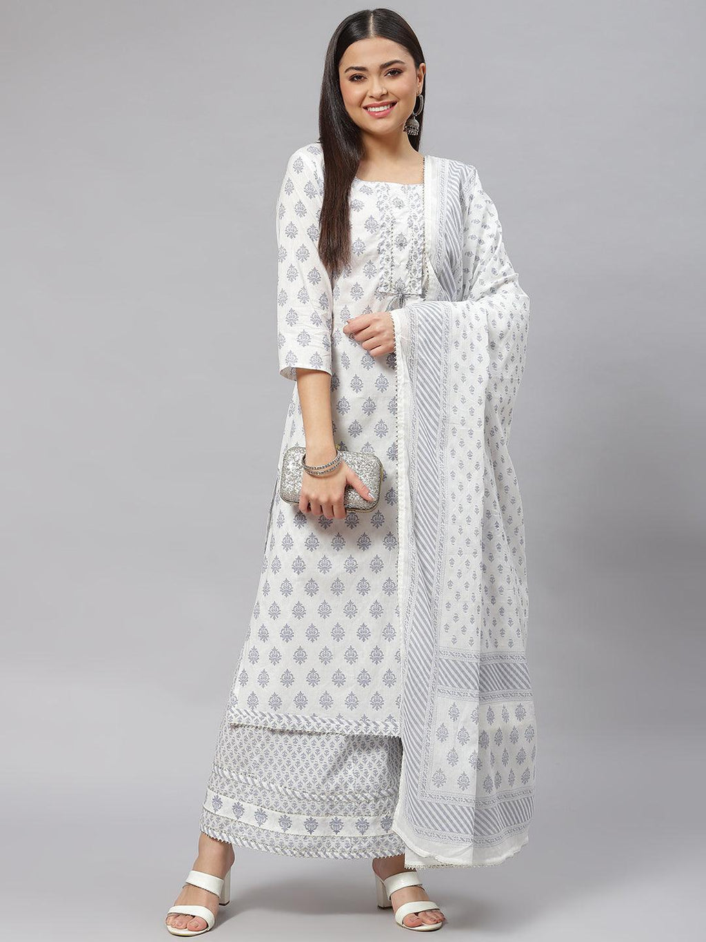 Divena White Floral Straight Kurta Palazoo Set with Dupatta - divena world