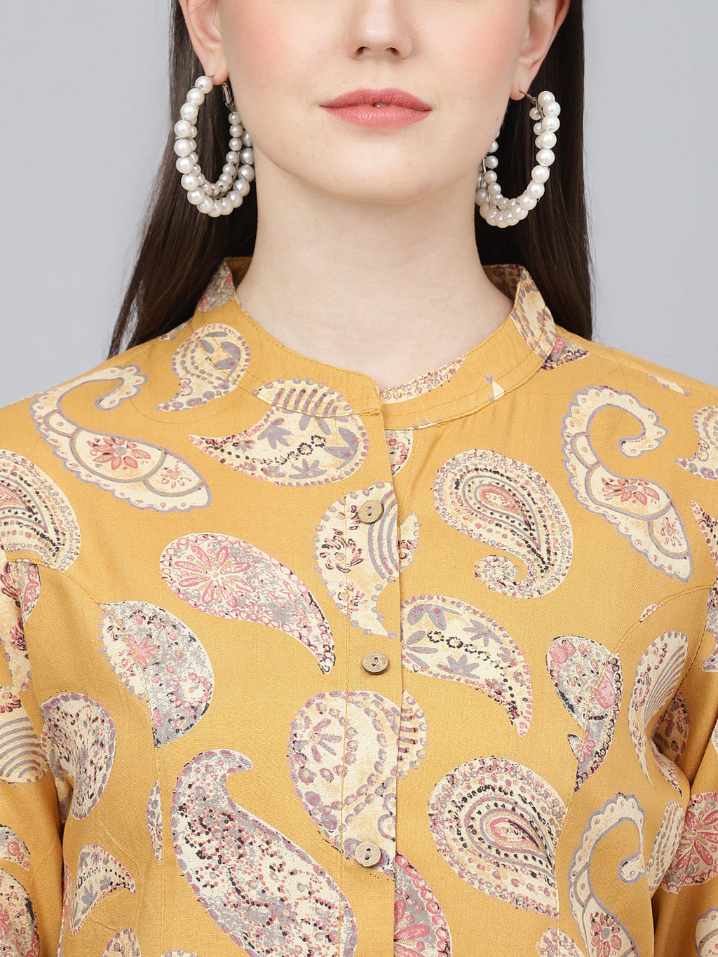 Noe Velarro Mastard Yellow Print Mandarin Collar Roll-Up Sleeves Shirt Style Top