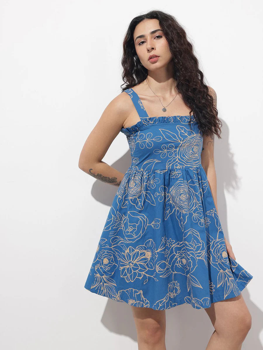 Noe Velarro Blue Shoulder Strap Poplin Cotton Mini Dress