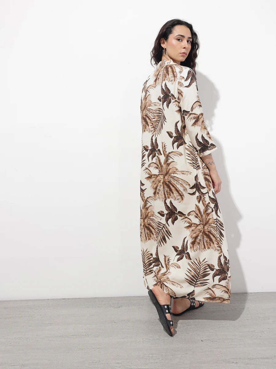 Noe Velarro Cream Tie up Neck Rayon Maxi Dress