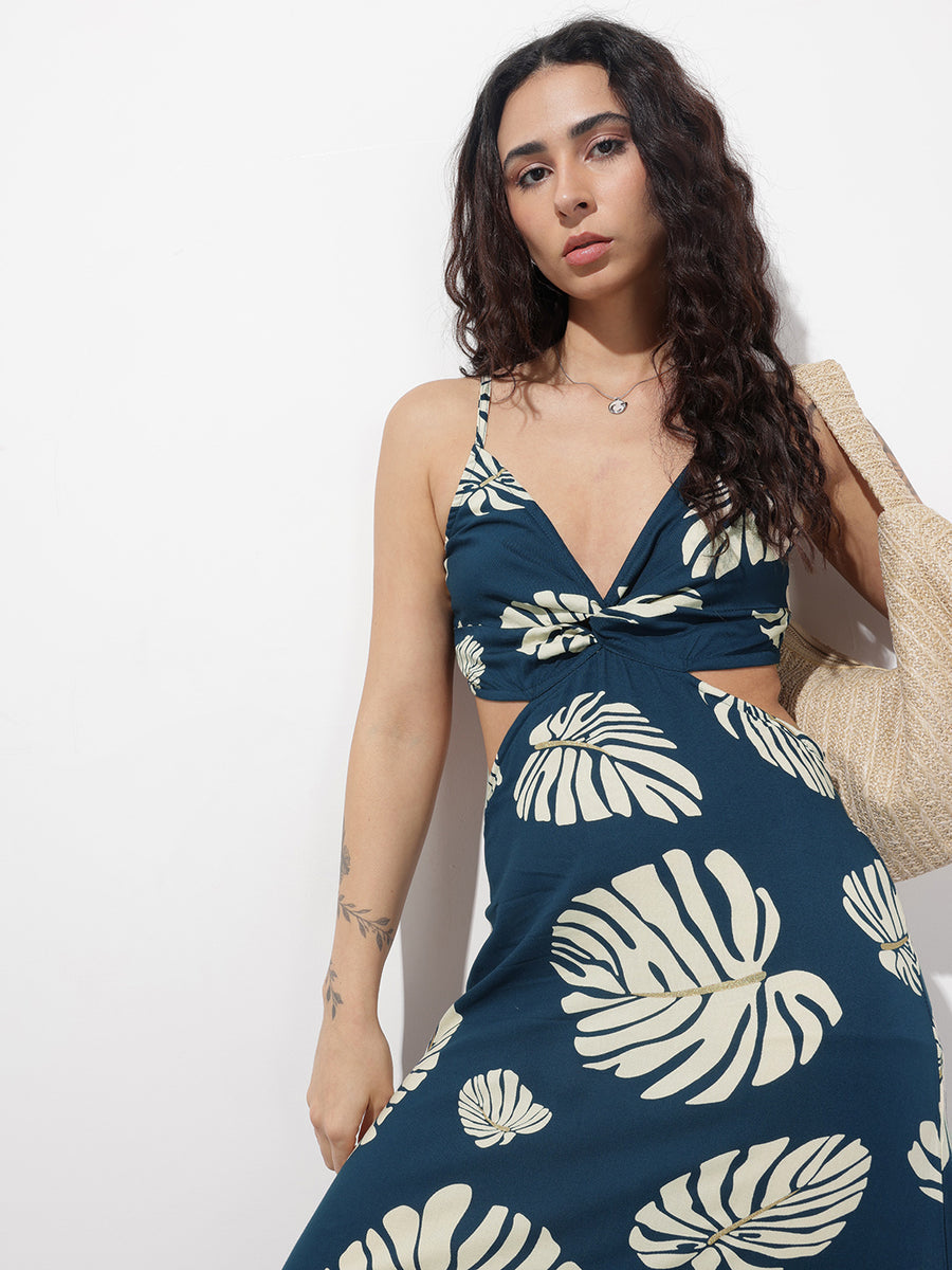 Noe Velarro Blue Shoulder Strap Rayon Dress