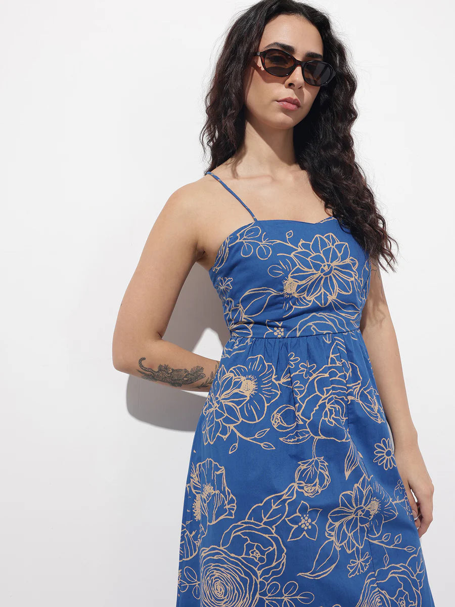 Noe Velarro Blue Shoulder Strap Poplin Cotton Midi Dress