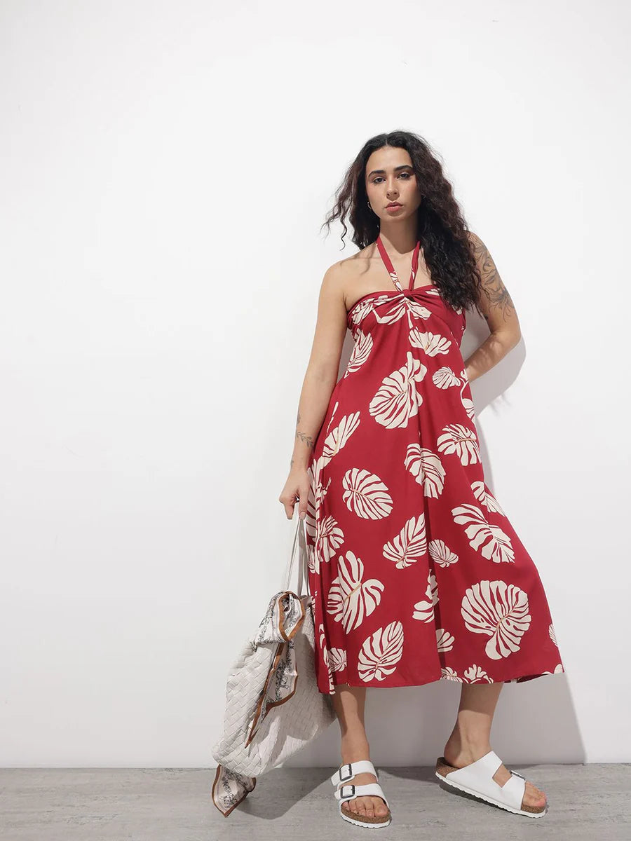 Noe Velarro Maroon Shoulder Strapes Fit & Flared Rayon Dress