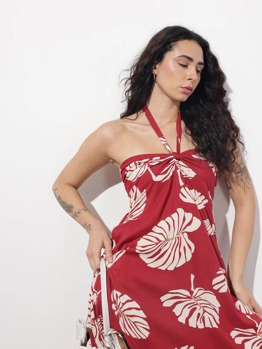 Noe Velarro Maroon Shoulder Strapes Fit & Flared Rayon Dress