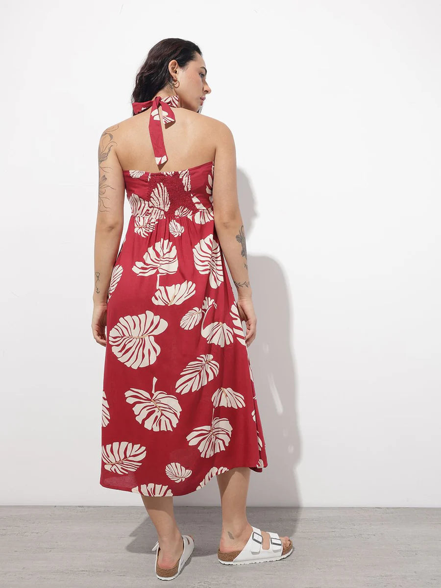 Noe Velarro Maroon Shoulder Strapes Fit & Flared Rayon Dress