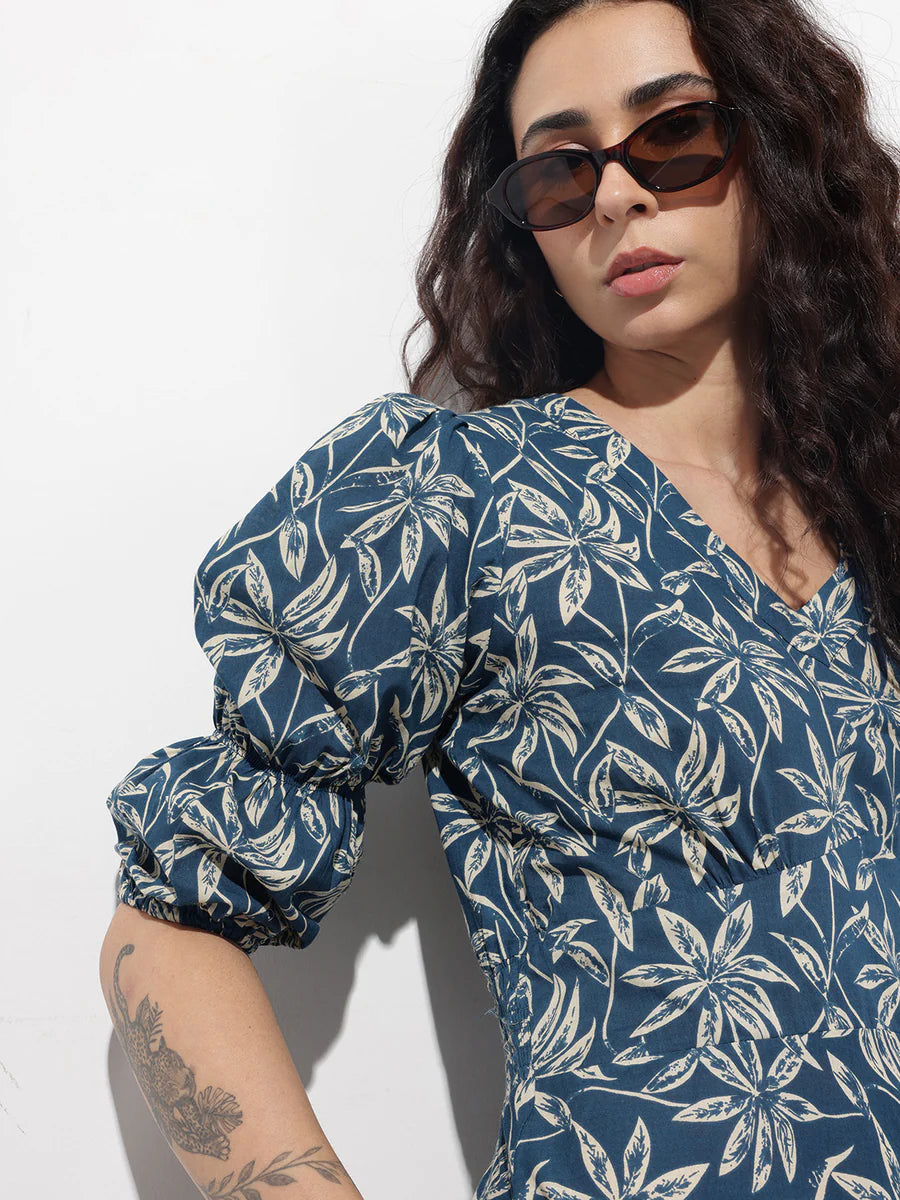 Noe Velarro Blue V-Neck Midi Cotton Dress