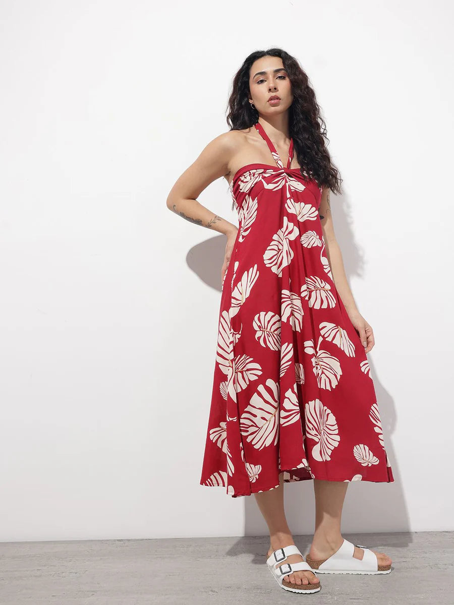 Noe Velarro Maroon Shoulder Strapes Fit & Flared Rayon Dress