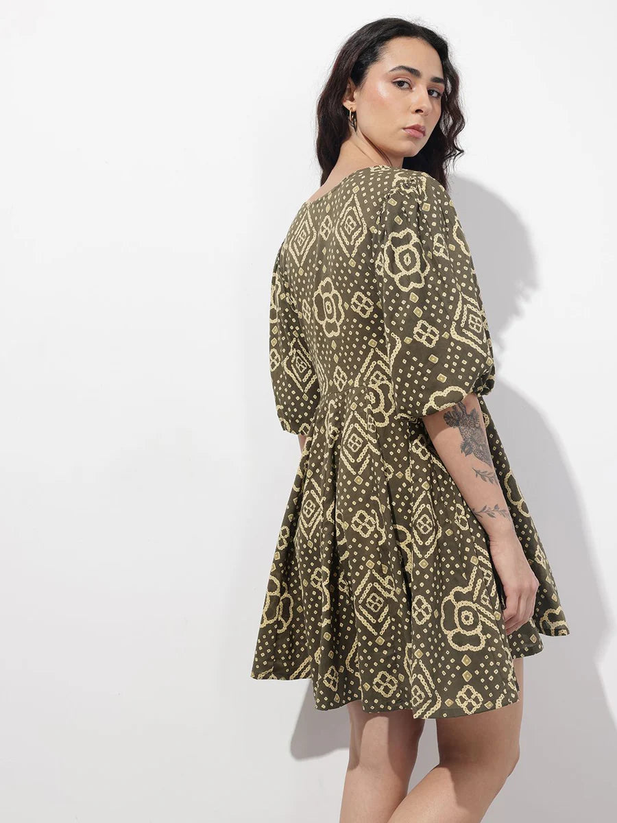 Noe Velarro Brown V-Neck Short Bell Sleeves Mini Cotton Dress