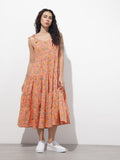 Noe Velarro Orange Shoulder Strapes Fit & Flared Cotton Dress