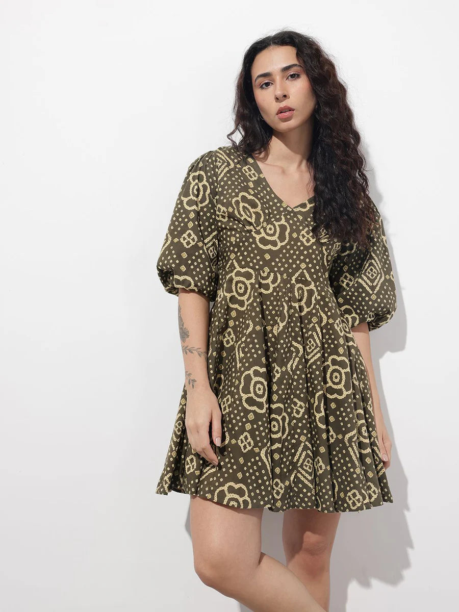 Noe Velarro Brown V-Neck Short Bell Sleeves Mini Cotton Dress