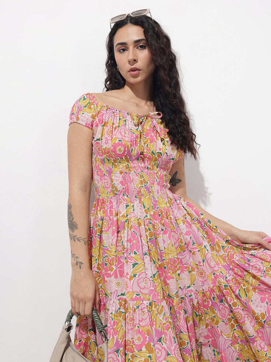 Noe Velarro Baby Pink Shoulder Strapes Fit & Flared Cotton Dress