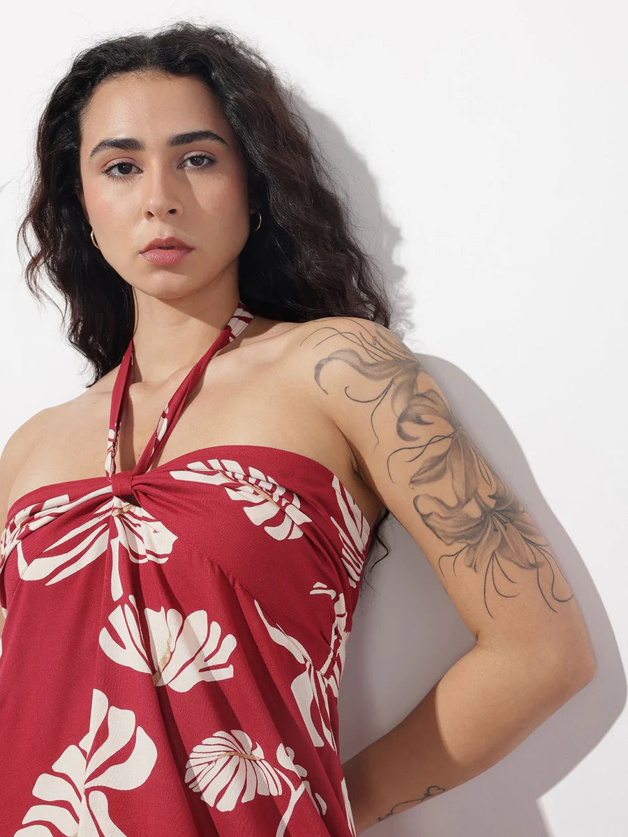 Noe Velarro Maroon Shoulder Strapes Fit & Flared Rayon Dress