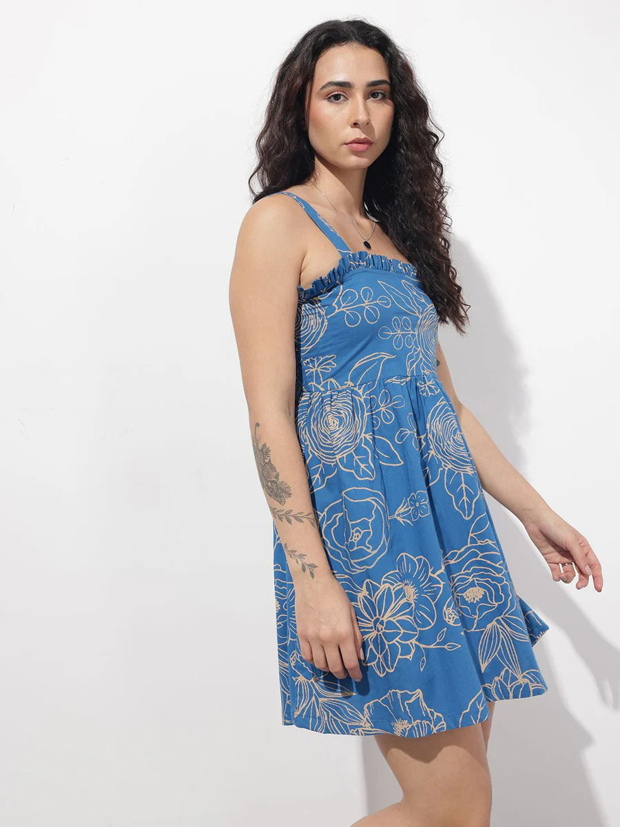 Noe Velarro Blue Shoulder Strap Poplin Cotton Mini Dress