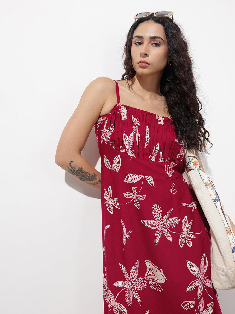 Noe Velarro Maroon Shoulder Strapes Fit & Flared Rayon Dress