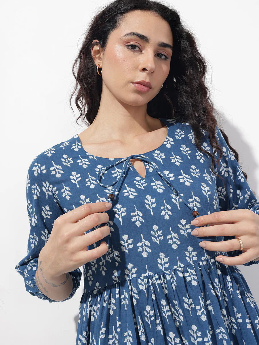 Noe Velarro Indigo Tie-up Neck Flared Cotton Dress