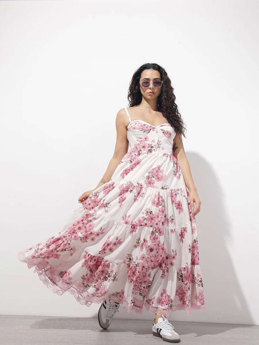 Noe Velarro White Floral Shoulder strap Cotton Dress