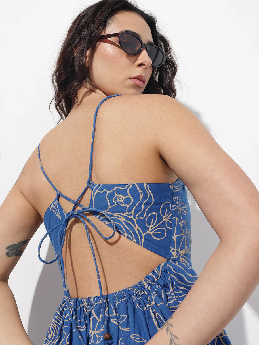 Noe Velarro Blue Shoulder Strap Poplin Cotton Midi Dress