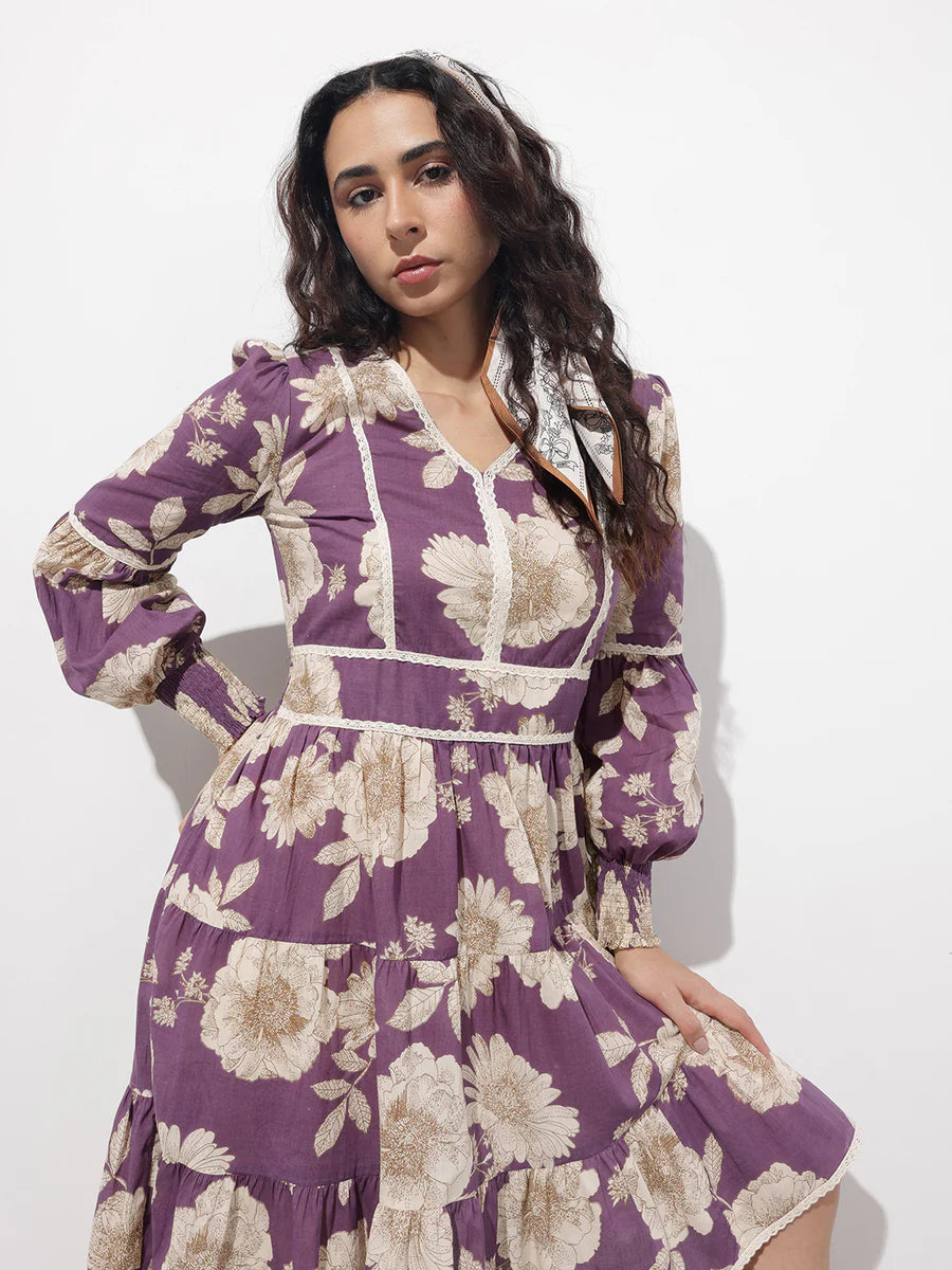 Noe Velarro Purple V-Neck Midi Cotton Dress