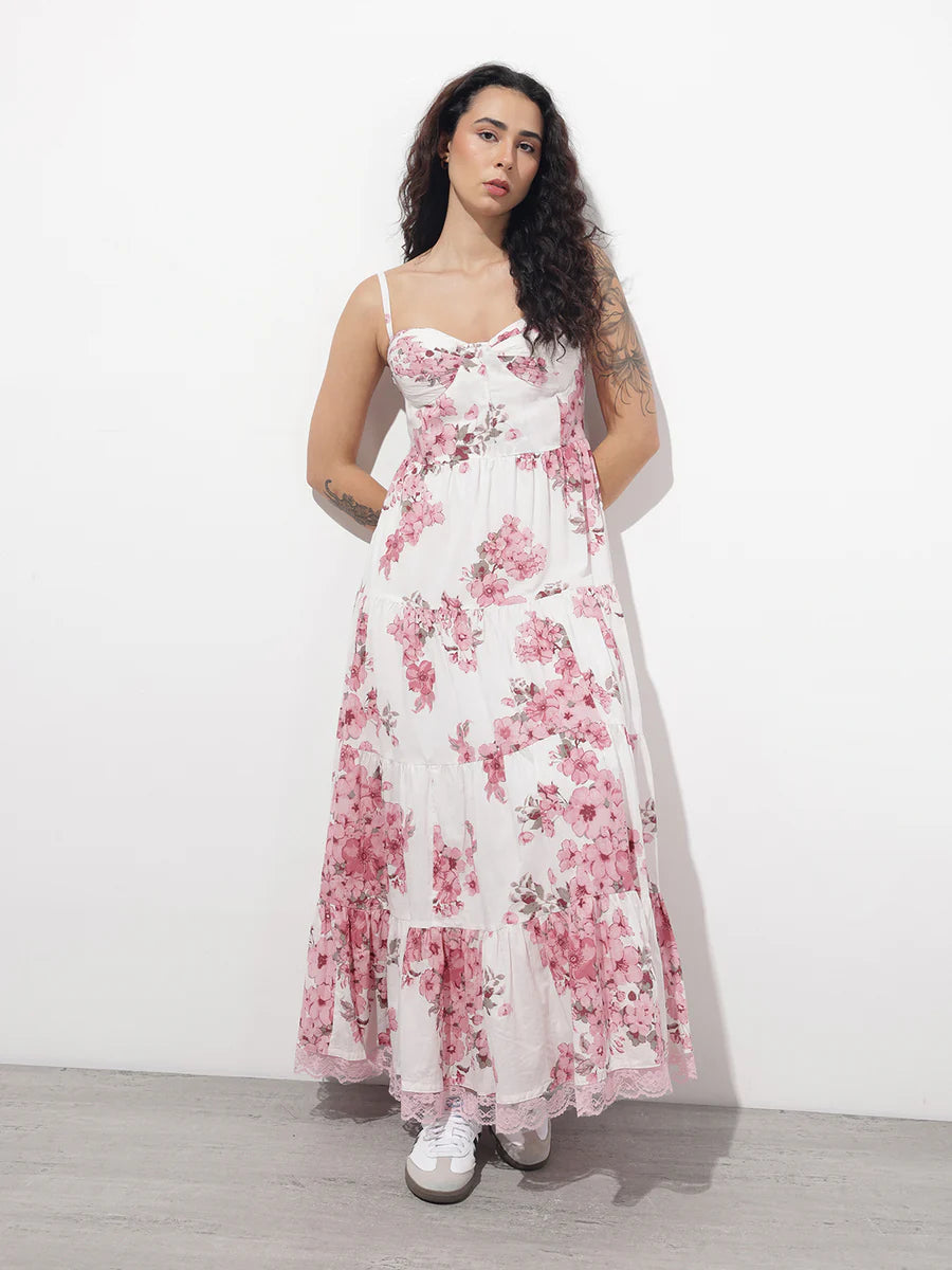 Noe Velarro White Floral Shoulder strap Cotton Dress