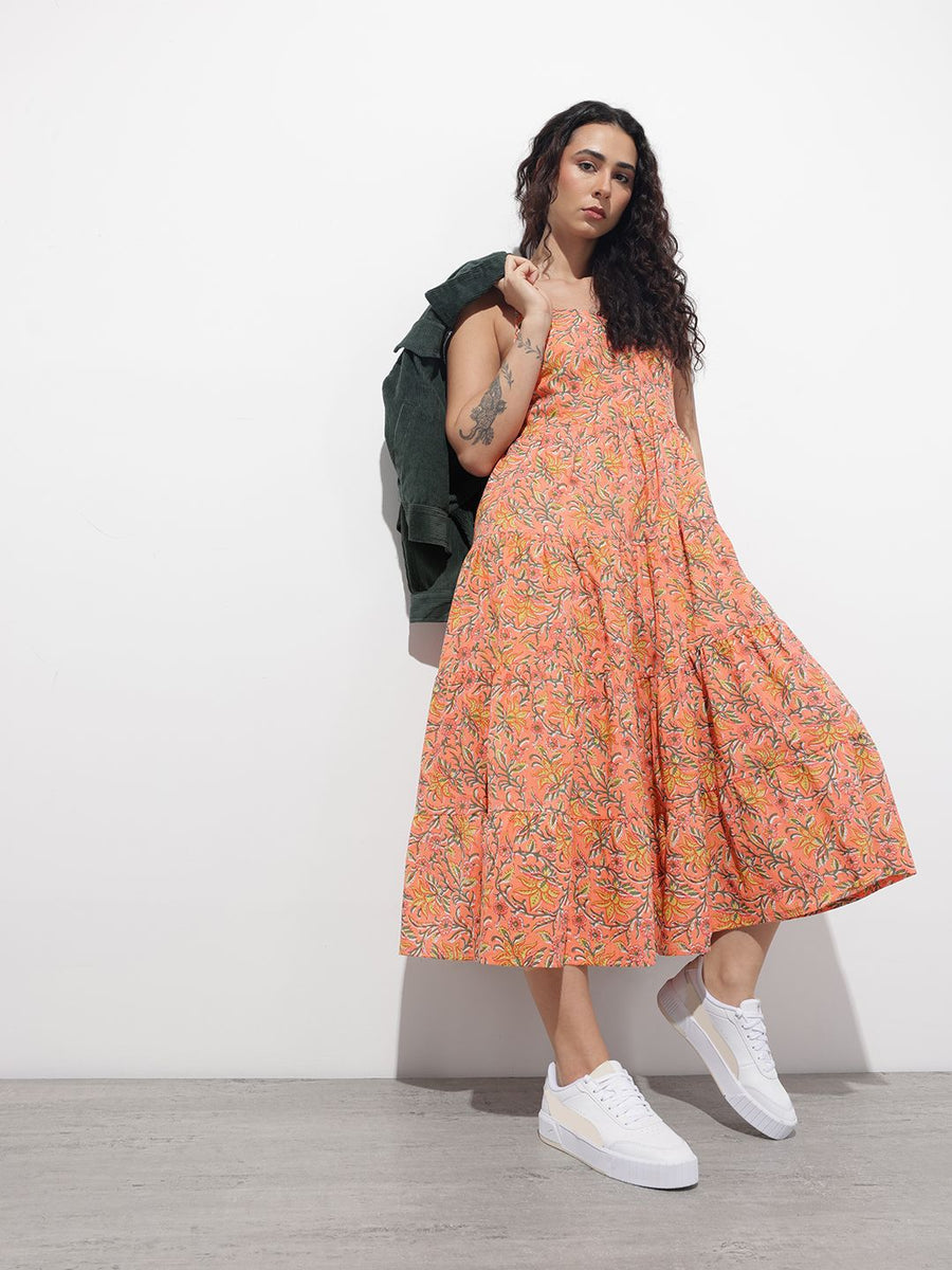 Noe Velarro Orange Shoulder Strapes Fit & Flared Cotton Dress