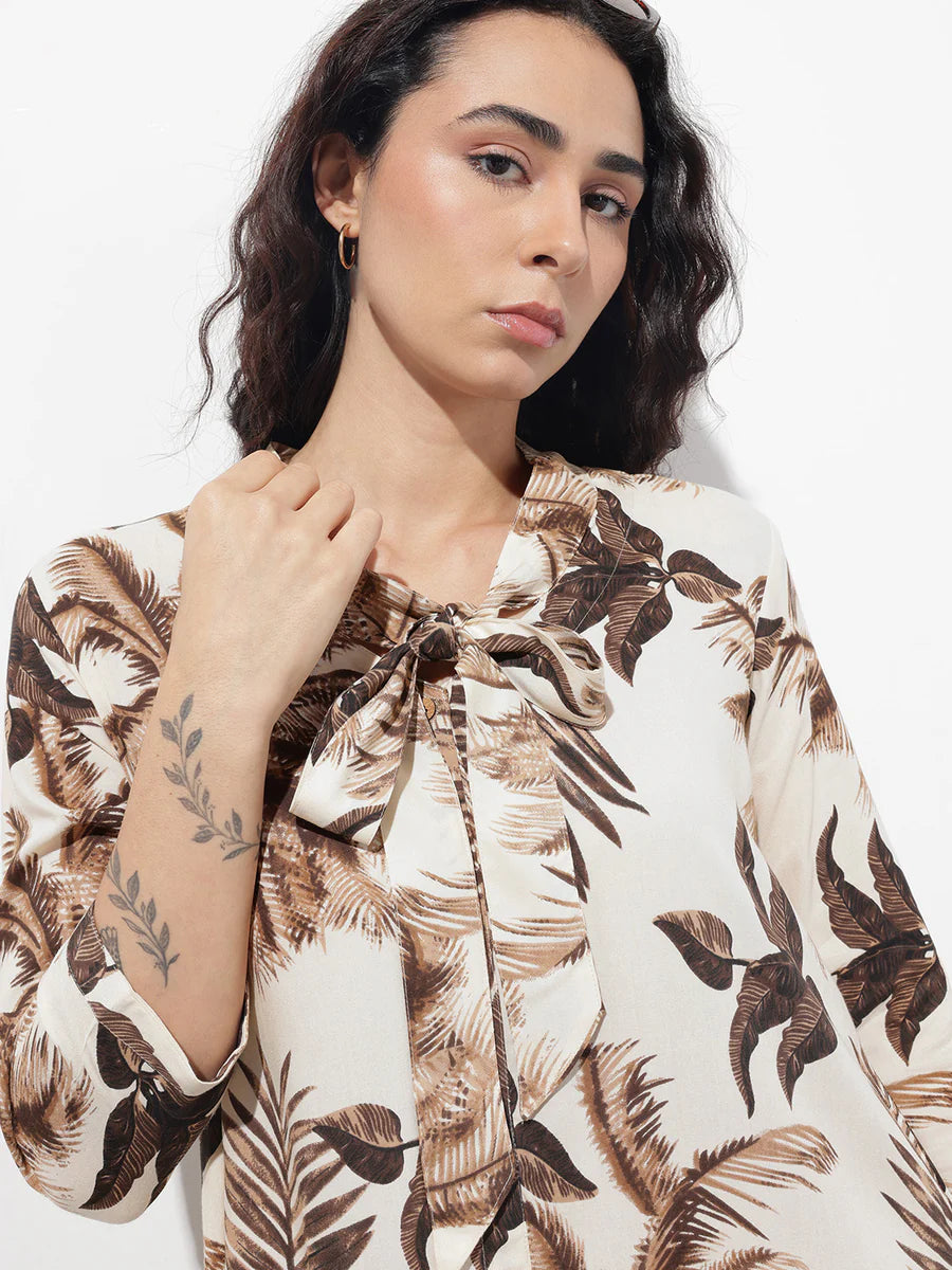 Noe Velarro Cream Tie up Neck Rayon Maxi Dress