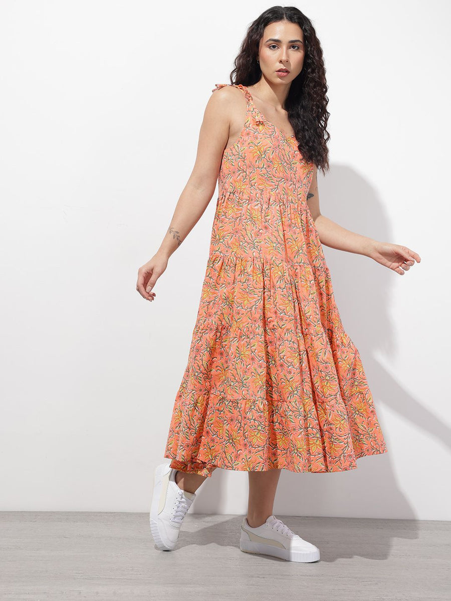 Noe Velarro Orange Shoulder Strapes Fit & Flared Cotton Dress