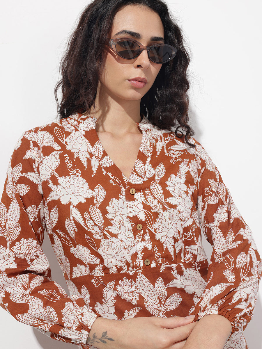 Noe Velarro Orange Mandarin Collar Cotton Midi Dress