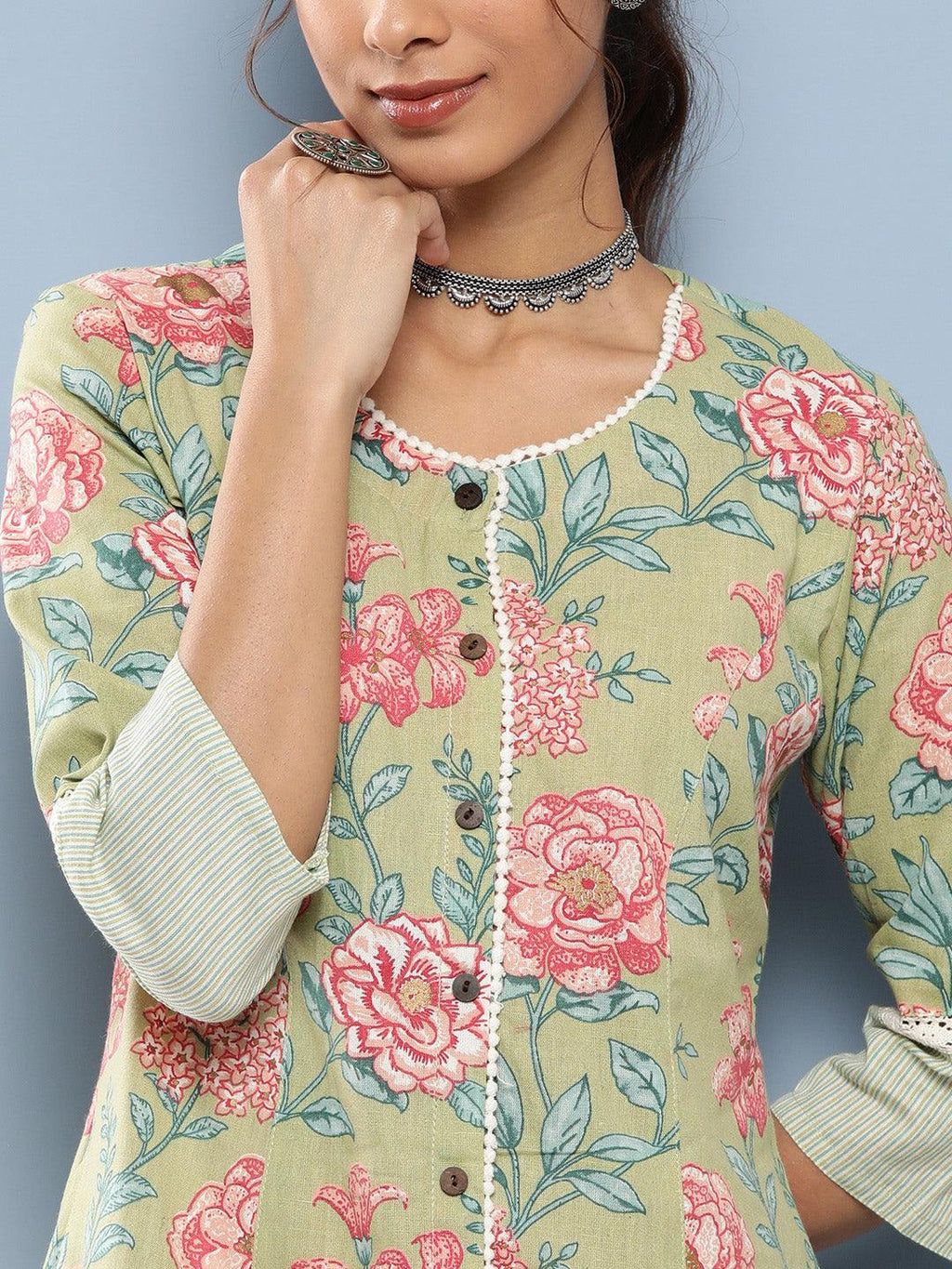 Divena Olive Floral Cotton Flex A-Line Kurta - divena world