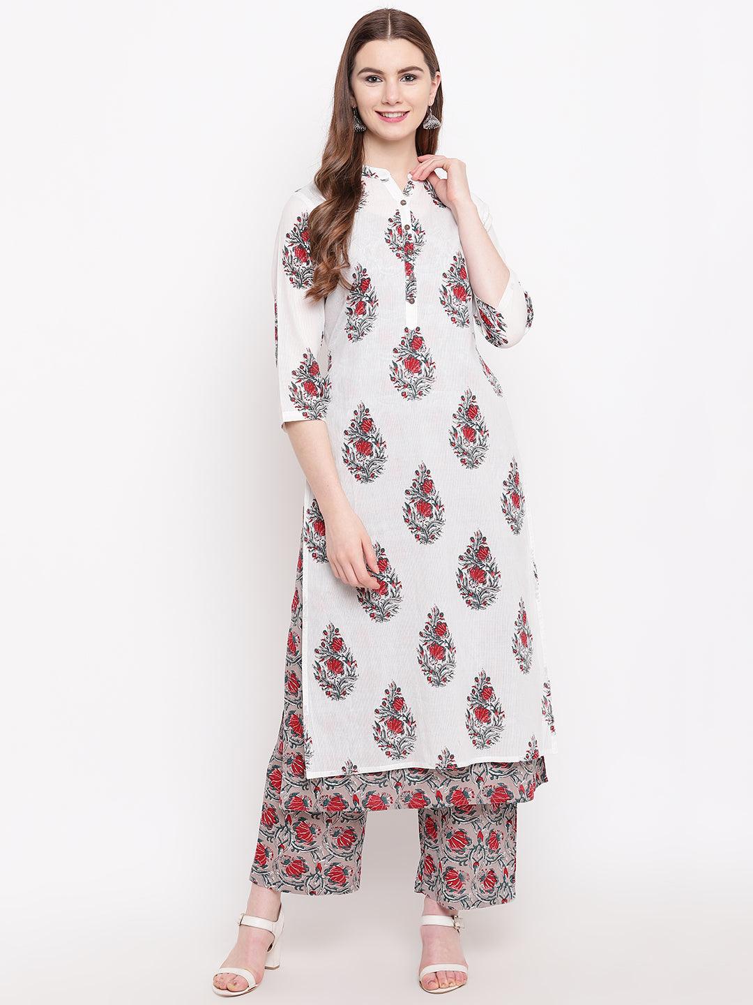 Divena White Cotton Kurta Palazzo Set - divena world