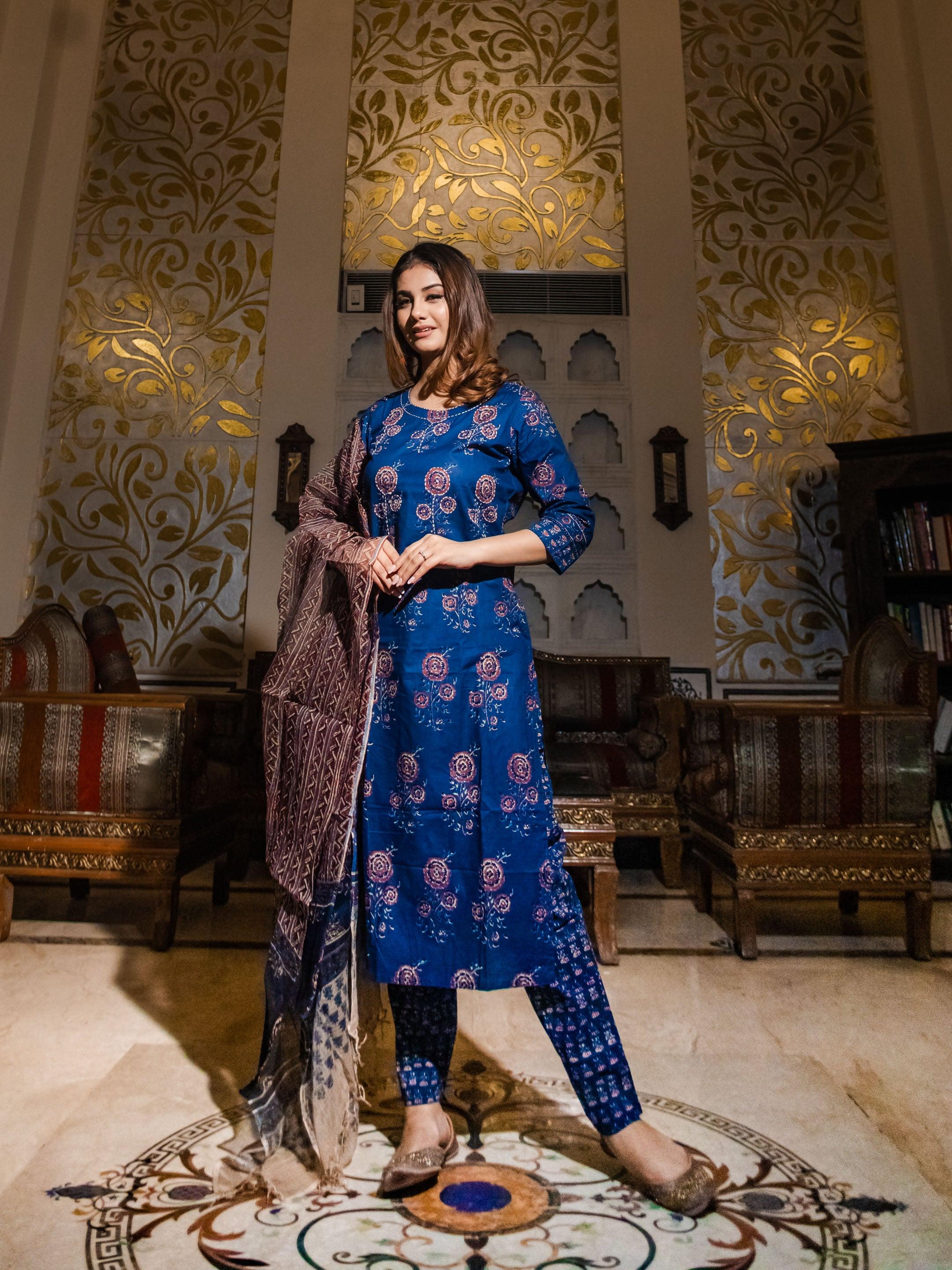Divena Navy Blue Printed Cotton Kurta Set With Dupatta - divenaworld.com