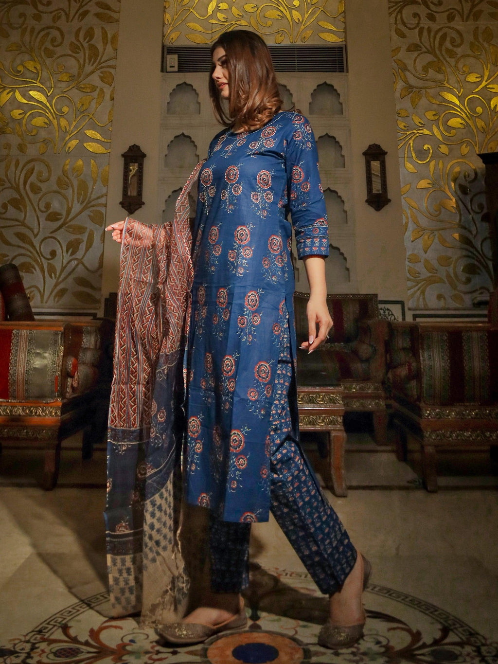 Divena Navy Blue Printed Cotton Kurta Set With Dupatta - divenaworld.com