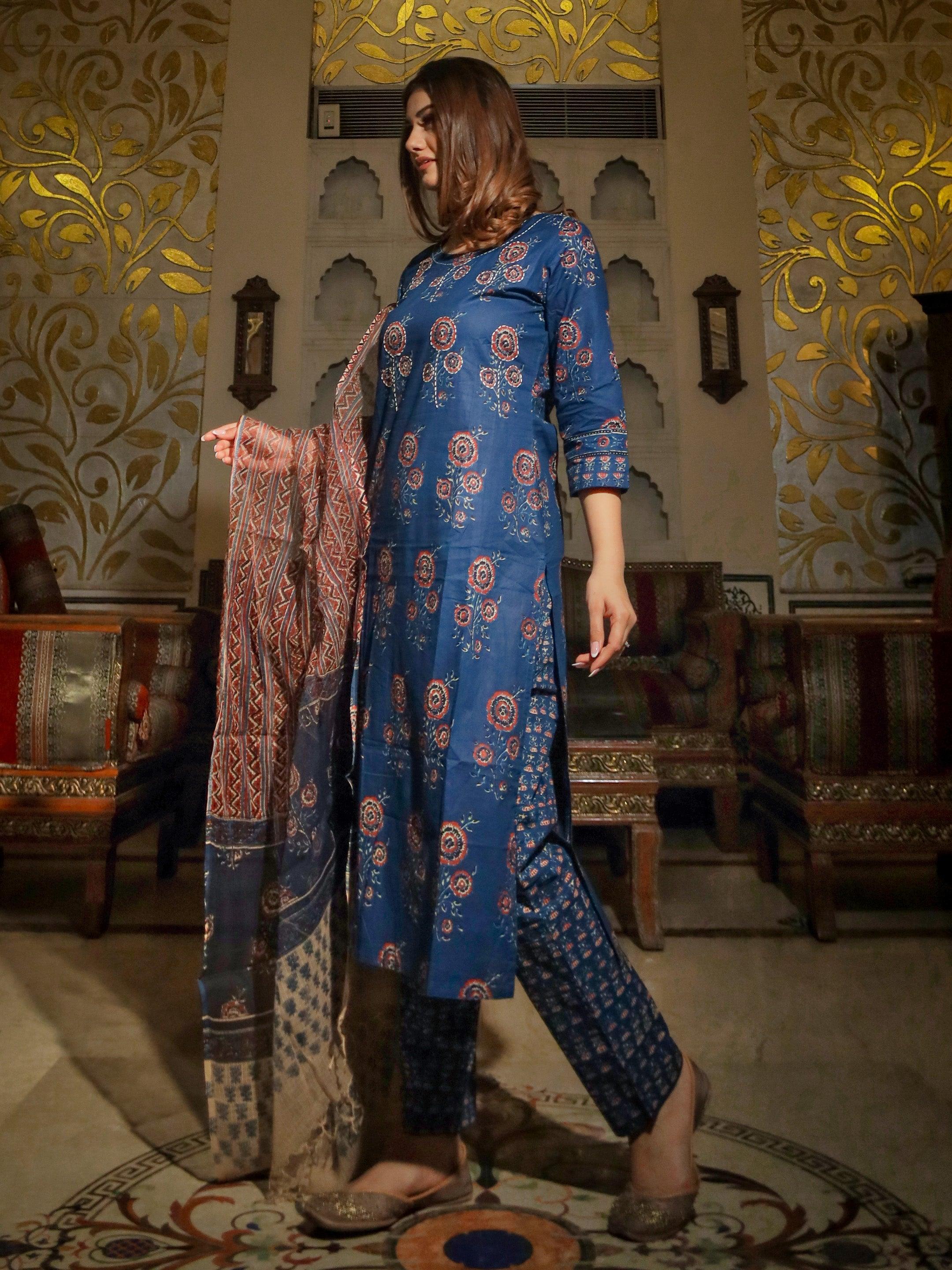 Divena Navy Blue Printed Cotton Kurta Set With Dupatta - divenaworld.com