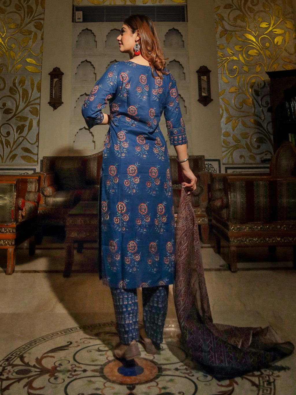 Divena Navy Blue Printed Cotton Kurta Set With Dupatta - divenaworld.com