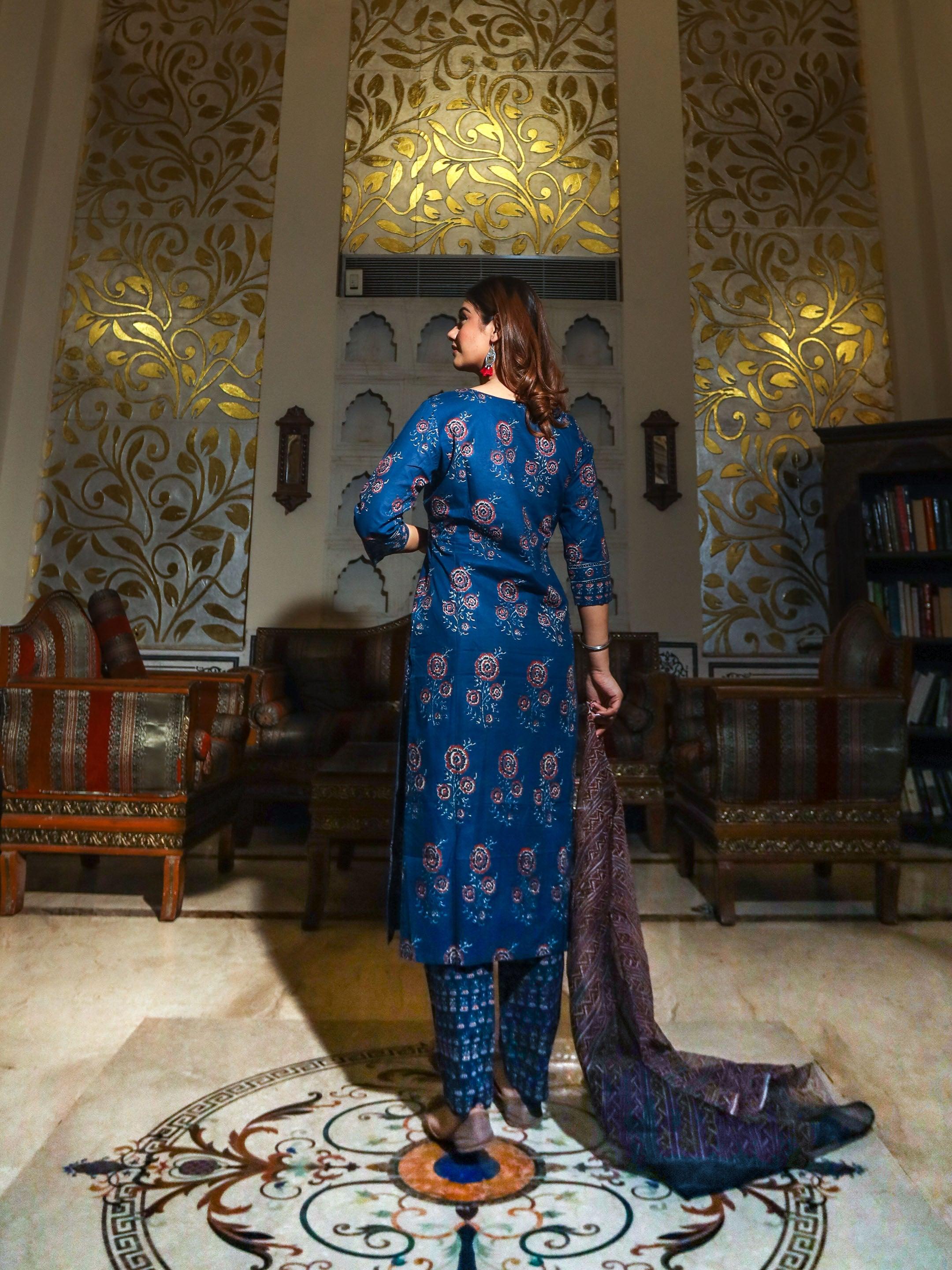Divena Navy Blue Printed Cotton Kurta Set With Dupatta - divenaworld.com