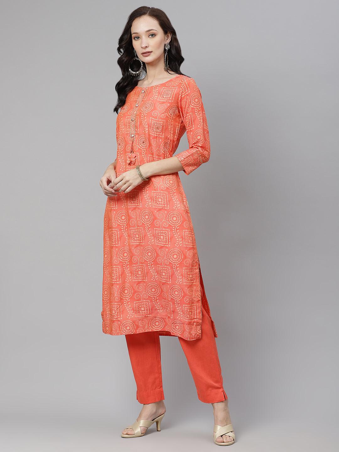 Divena Peach Muslin Kurta And Cotton Pant Set - divena world
