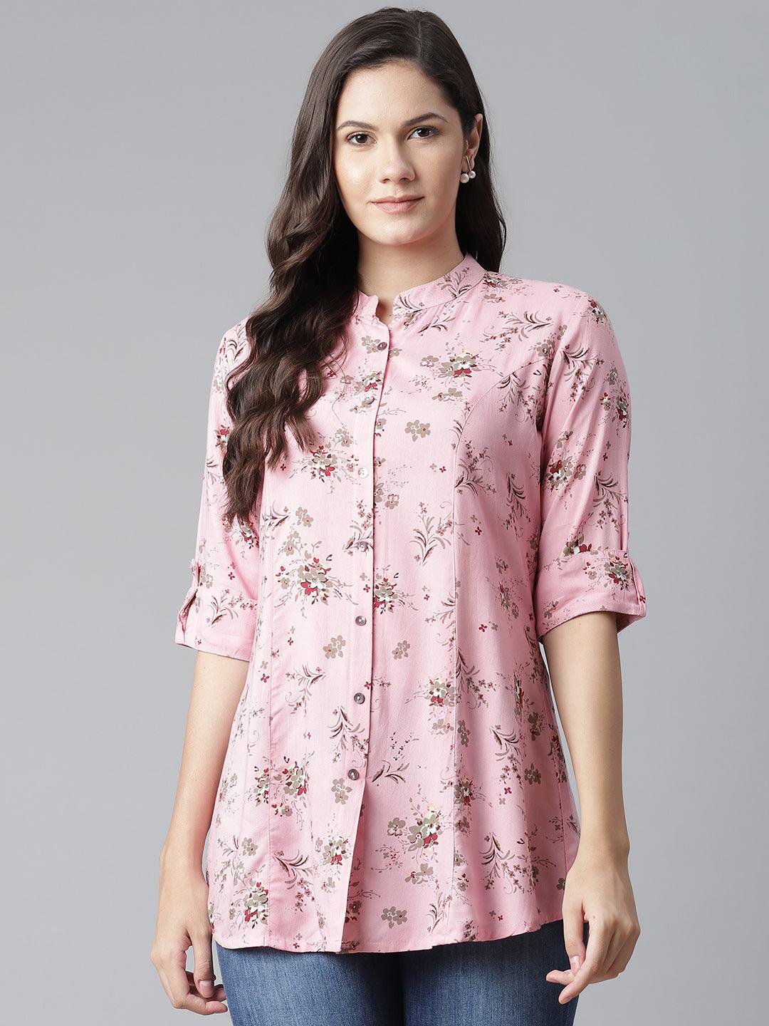 Divena Pink Leaf Rayon Print Top - divena world