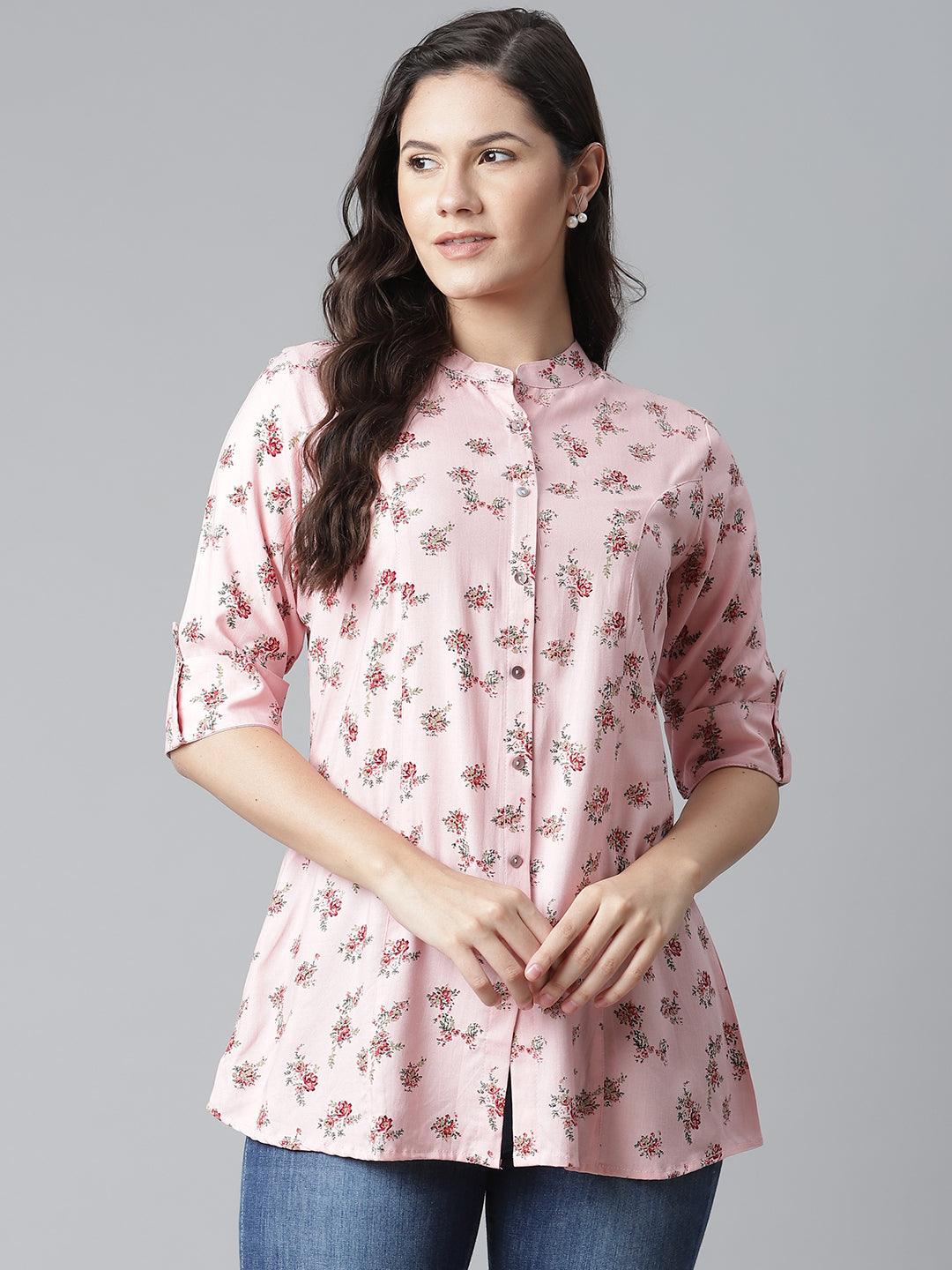 Divena Pink Rayon Printed Shirt Style A-line Top - divena world