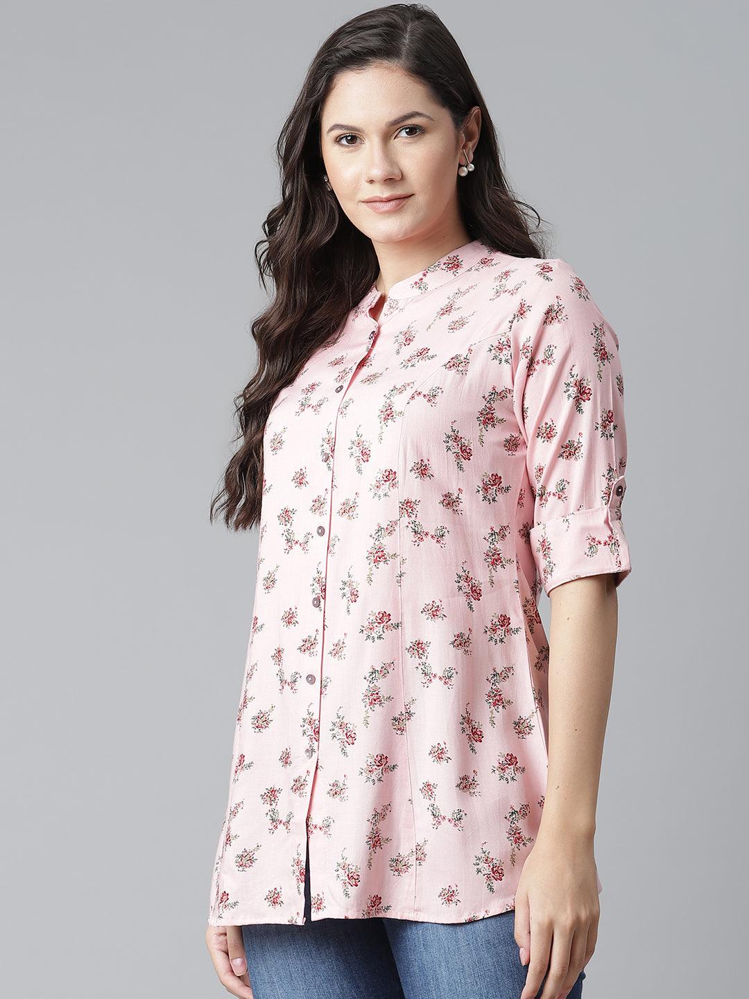 Divena Pink Rayon Printed Shirt Style A-line Top - divena world