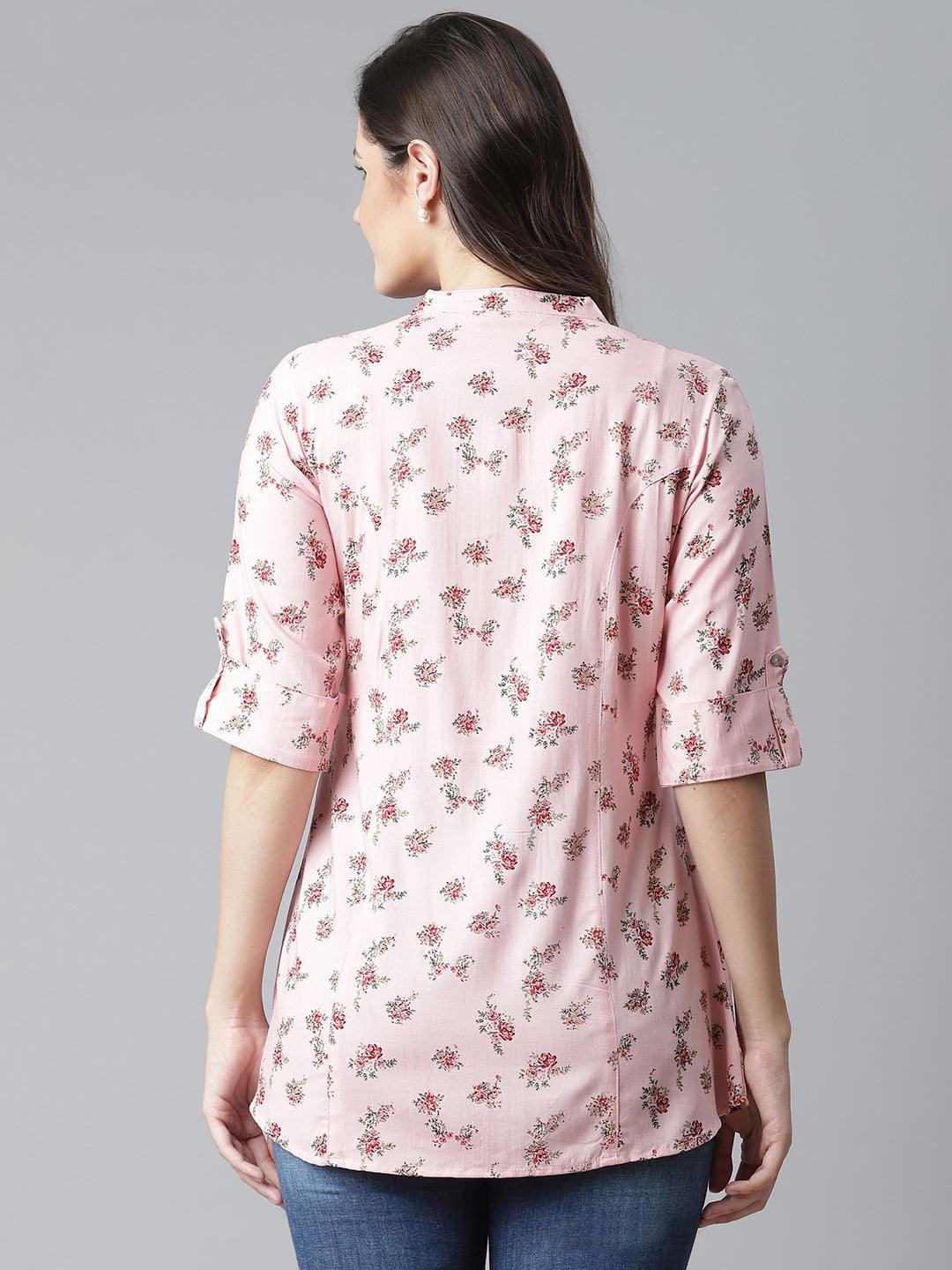 Divena Pink Rayon Printed Shirt Style A-line Top - divena world