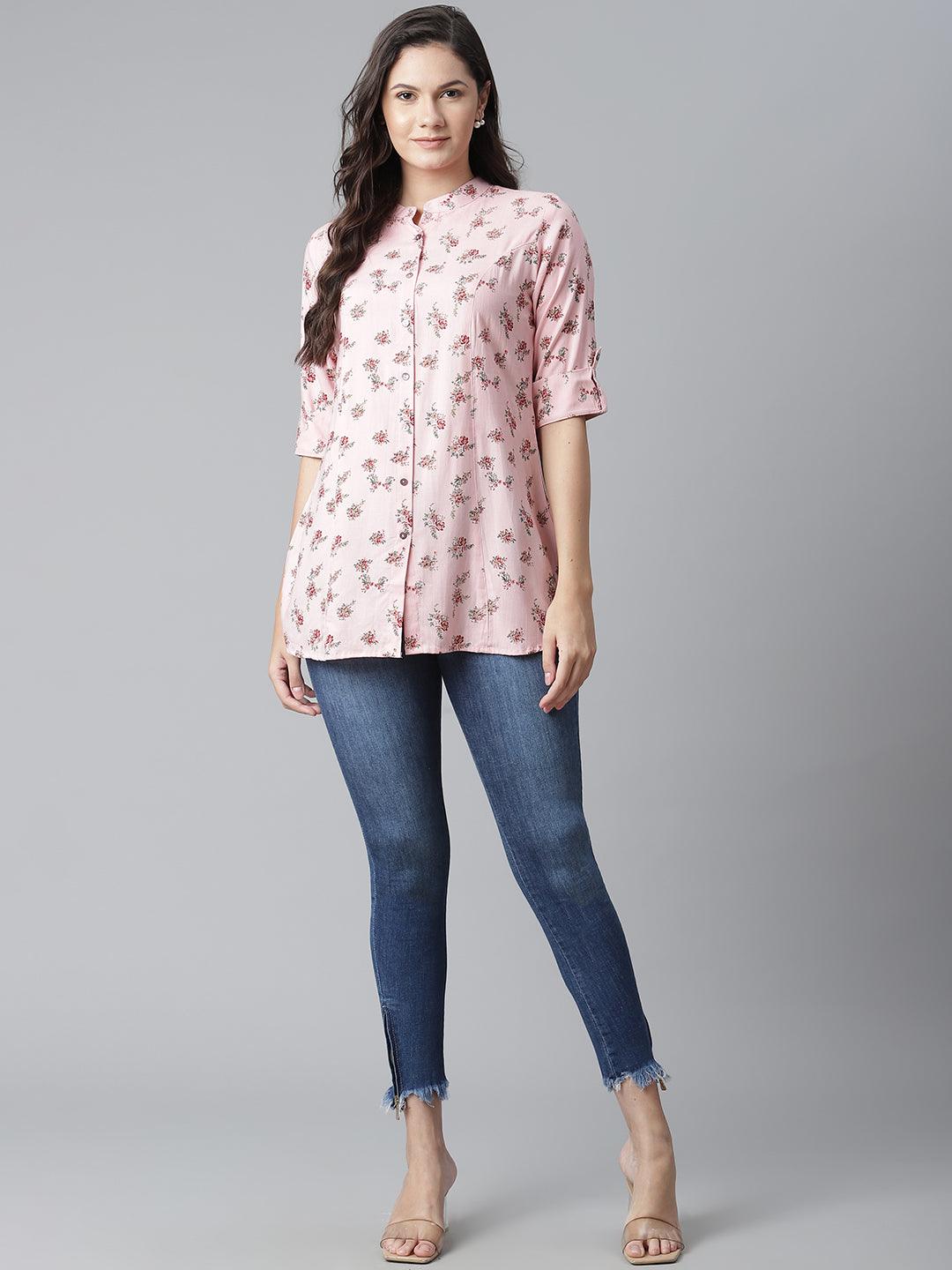Divena Pink Rayon Printed Shirt Style A-line Top - divena world