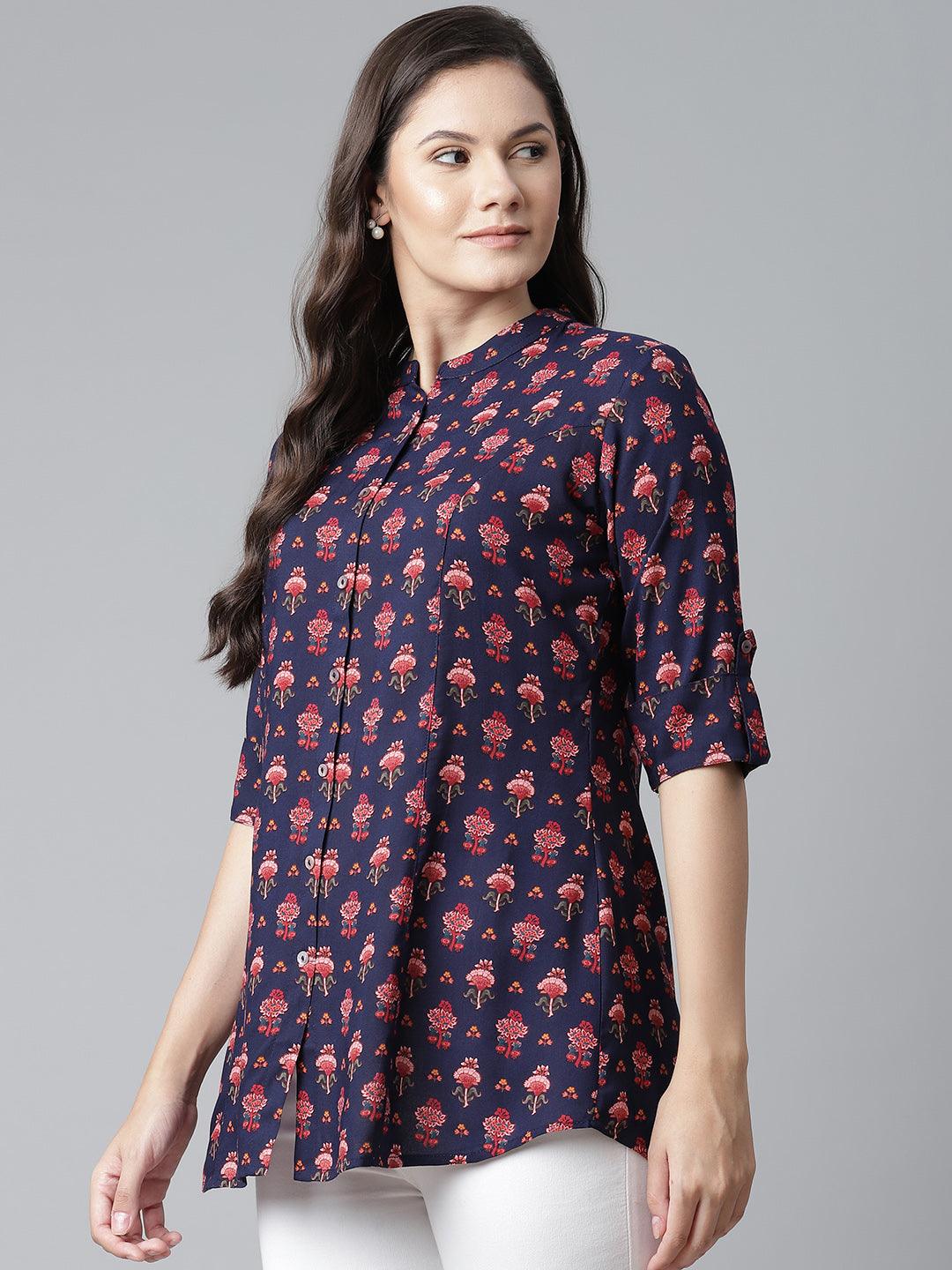 Divena Dark Blue Rayon Printed Top - divena world